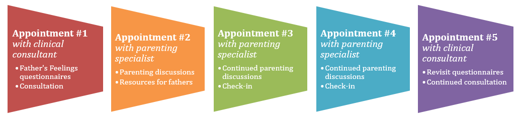 Father's Feelings 5 Appointments: Appointments 1 & 5 with clinical consultant include Father's Feelings questionnaires and consultation. Appointments 2, 3, & 4 with parenting specialist include parenting discussions and resources for fathers.