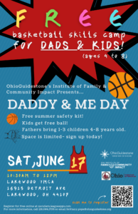 Multicolor flyer describing Free basketball skills camp for dads and kids at a Daddy and Me day hosted by OhioGuidestone's Institute of Family and Community Impact. The event detail are included for Saturday June 17, 2023 at 10:30am-12pm at Lakewood YMCA in Cleveland OH. Call 216.644.1706 to sign-up. 